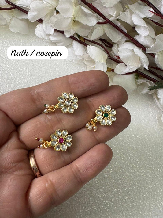 Floral Kundan Nose Pin with Pearl Drop