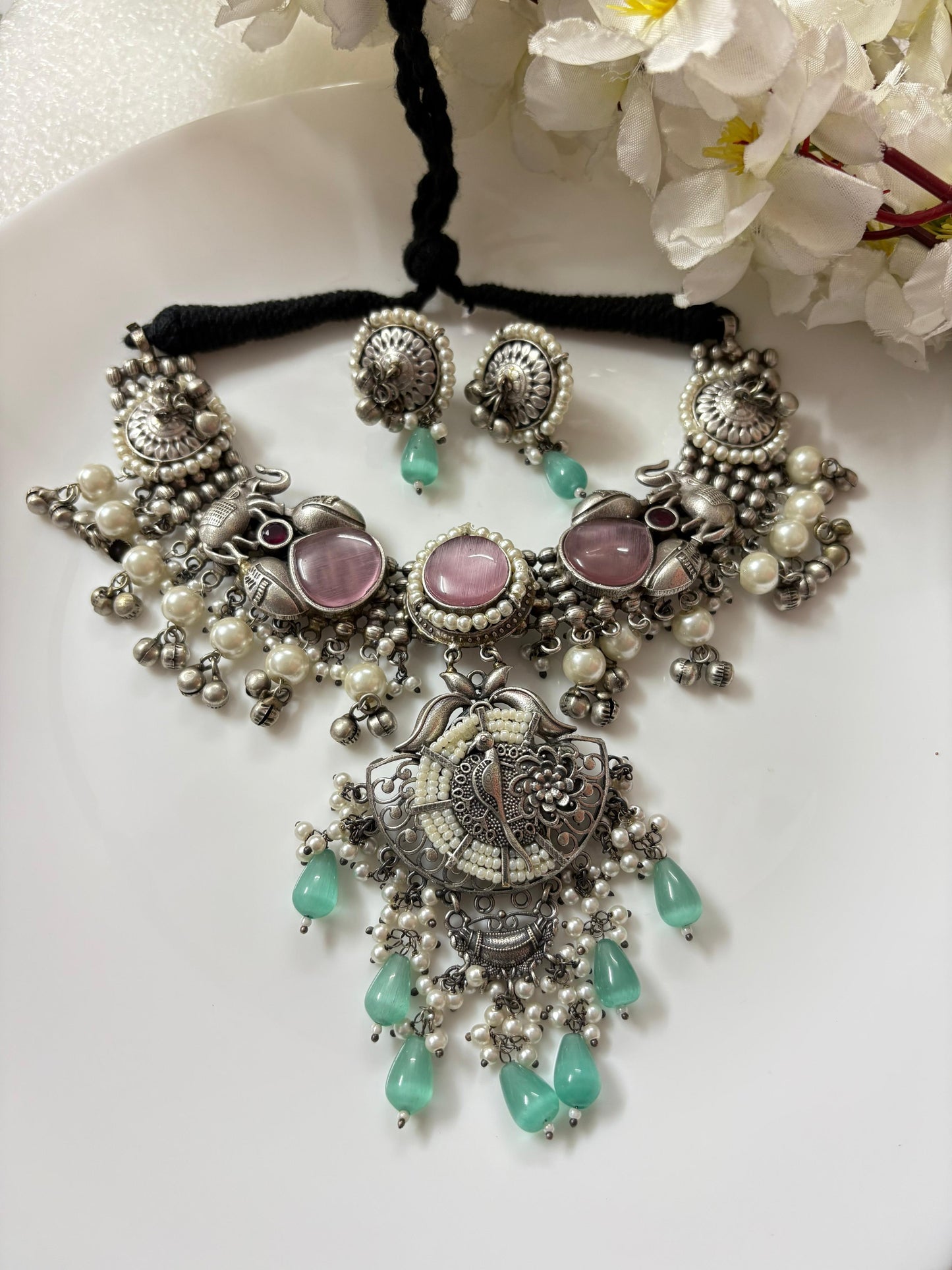 Oxidized Silver Statement Necklace Set with Earrings