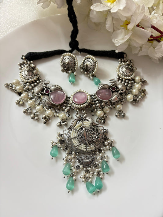 Oxidized Silver Statement Necklace Set with Earrings