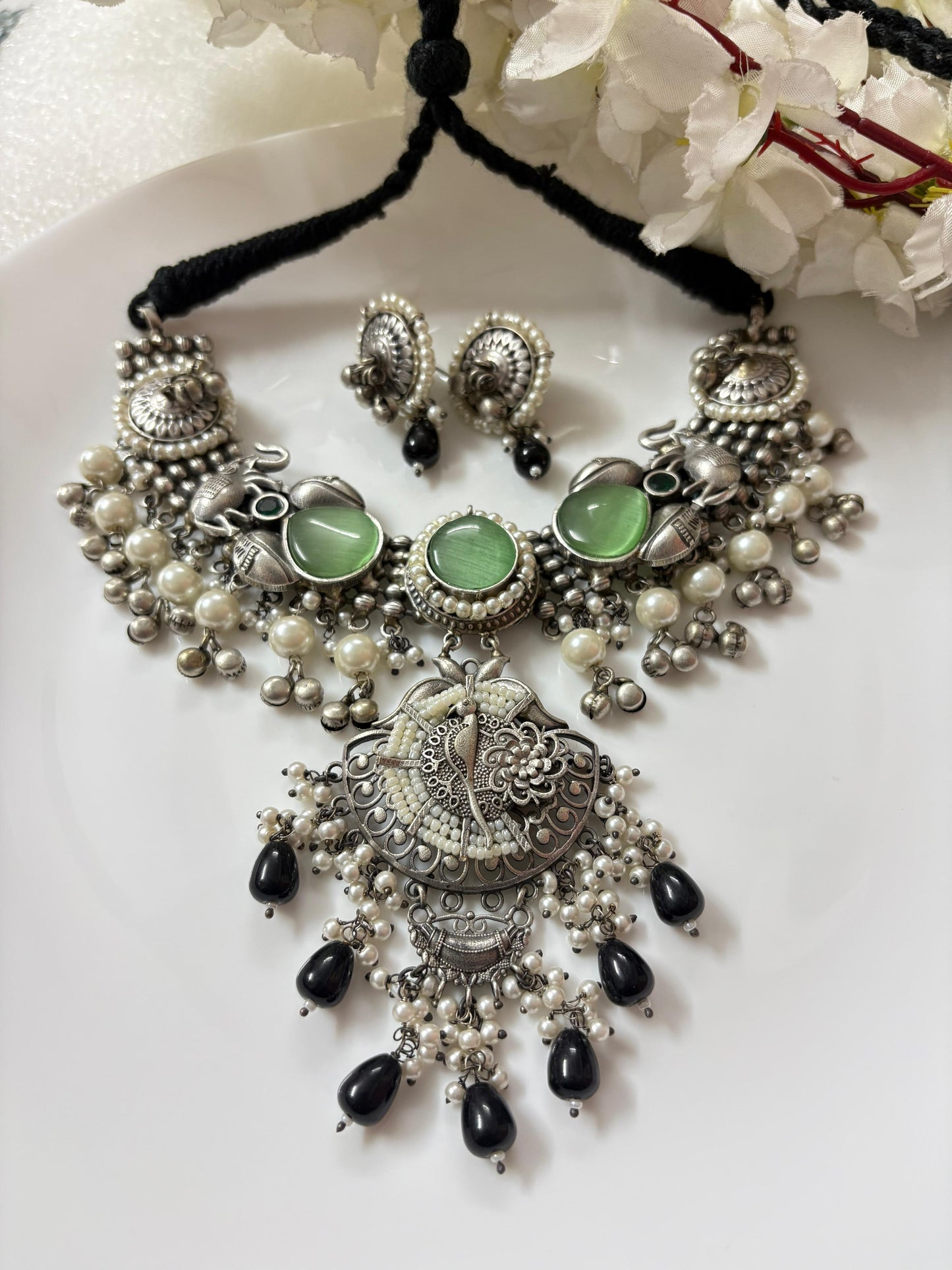 Vintage Oxidized Silver Necklace with Earrings