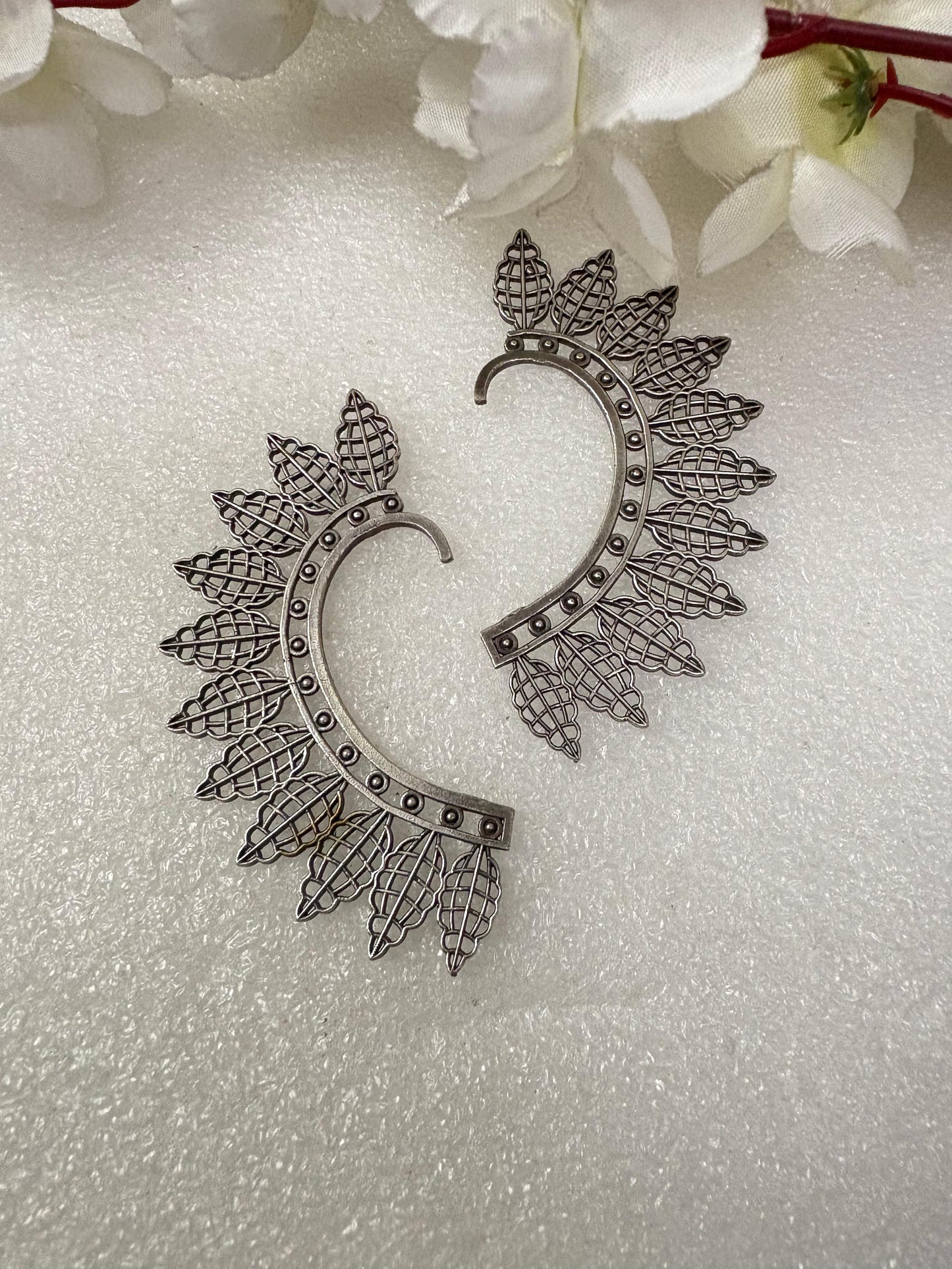 Leaf Design Silver Oxidised Statement Earrings