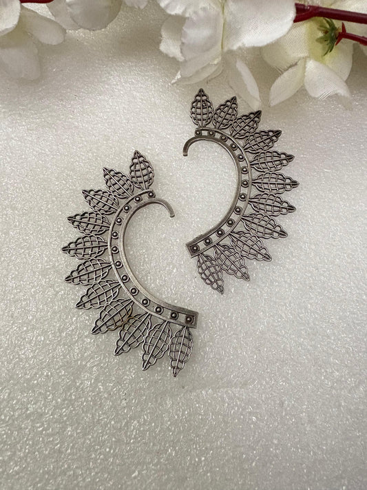 Leaf Design Silver Oxidised Statement Earrings