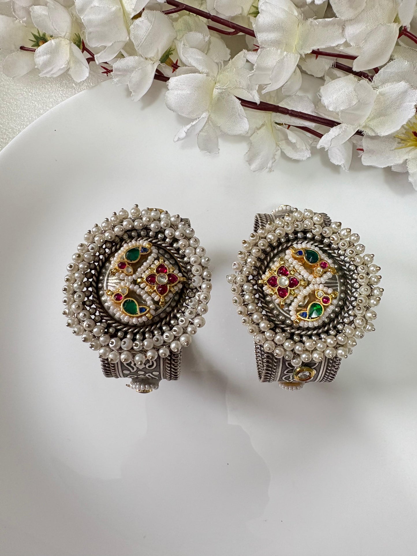 Royal Pearl-Embellished Oxidized Silver Kadas🦋🦋