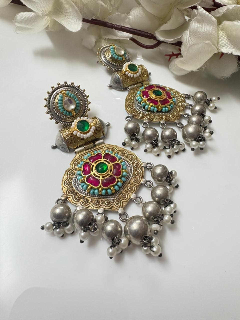 Handcrafted Kundan Fusion Oxidised Long Jhumka Earrings