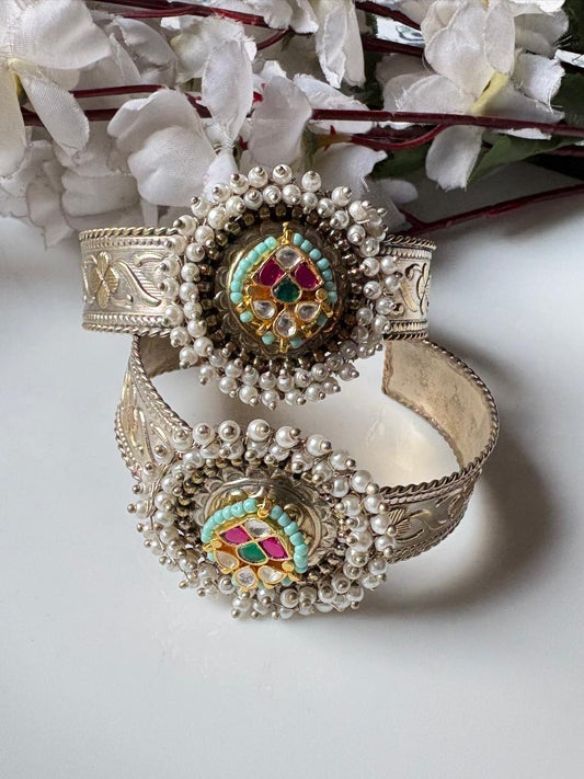 Royal Pearl-Embellished Oxidized Silver Kadas🦋🦋