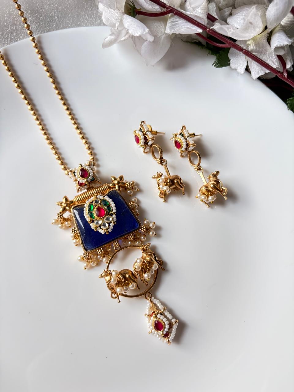 Ruby Stone Oxidised Temple Necklace Set