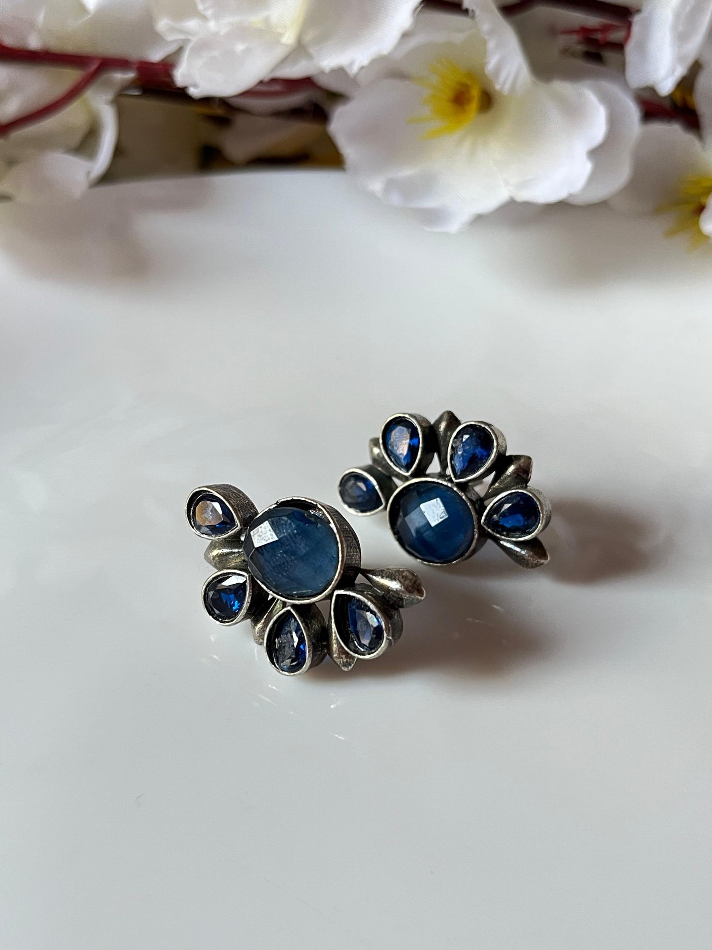 Handcrafted Oxidised Studs with Purple Gemstone Set of 3 combo