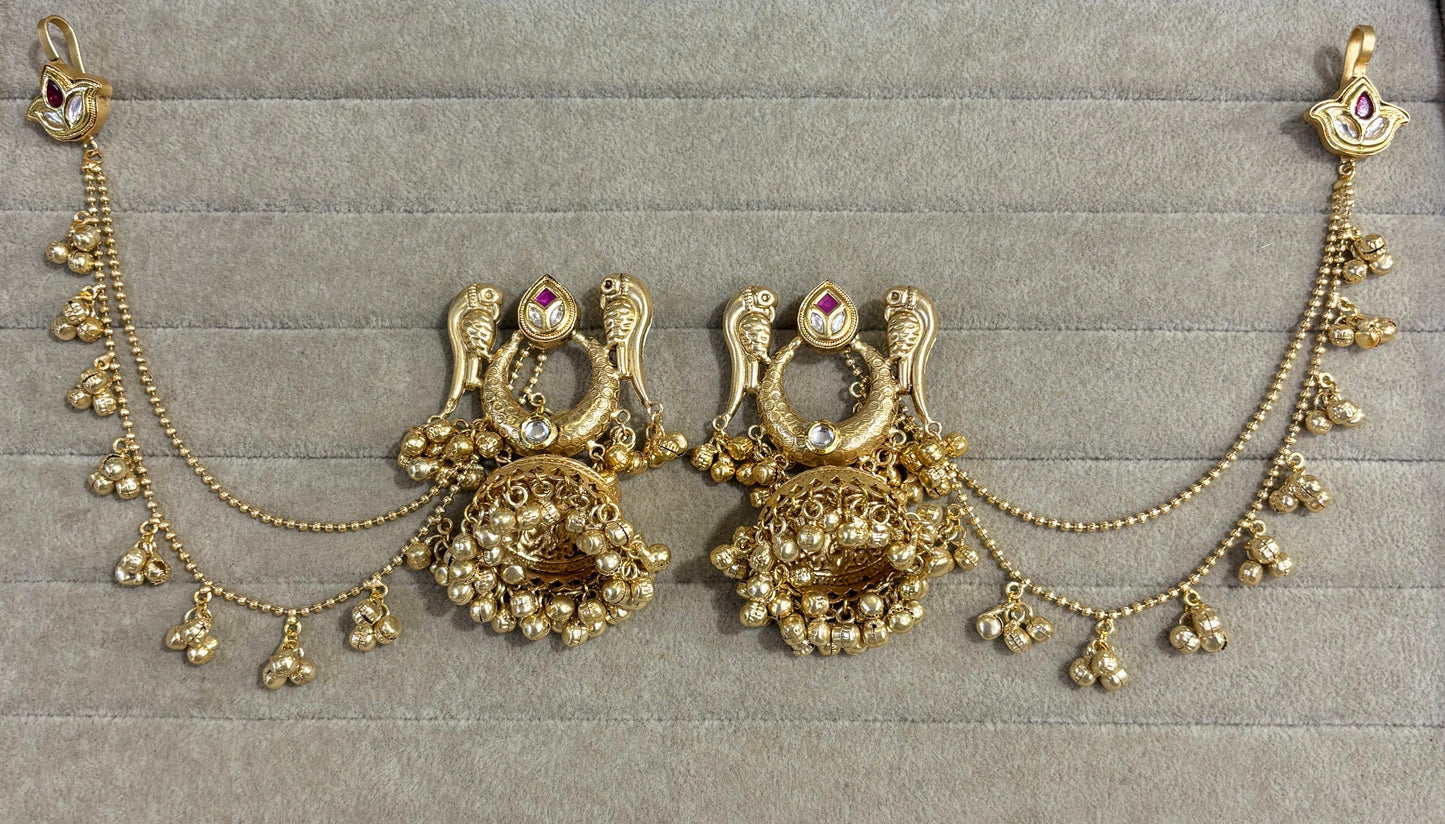 Parrot Motif Temple Jewellery Jhumkas with Side Chains