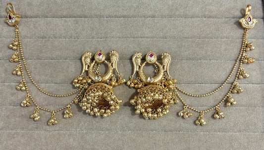 Parrot Motif Temple Jewellery Jhumkas with Side Chains