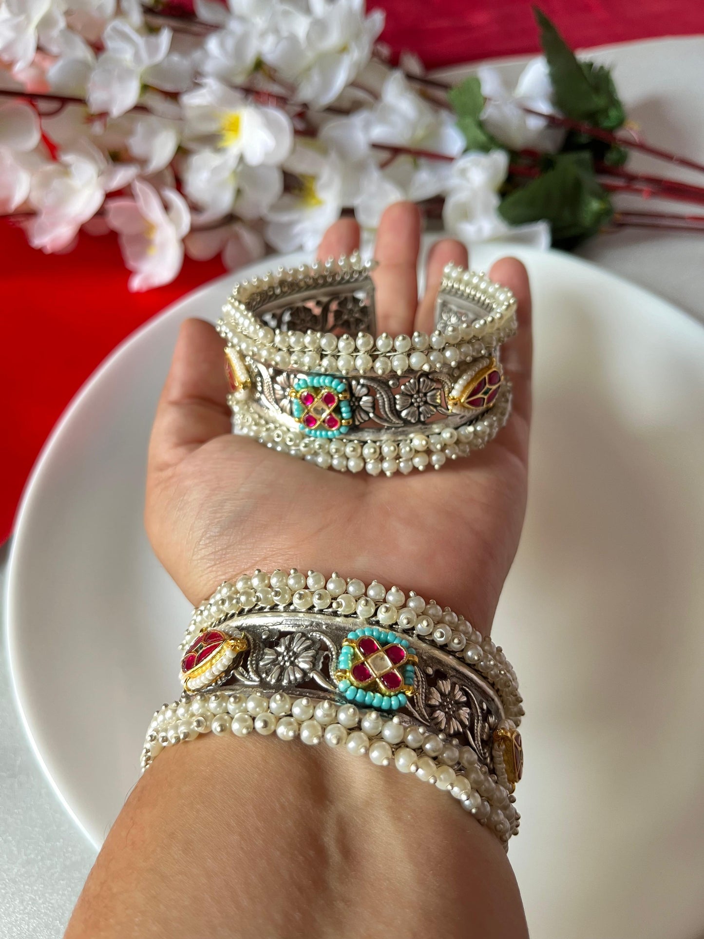 Regal Pearl-Embellished Kundan Bangles