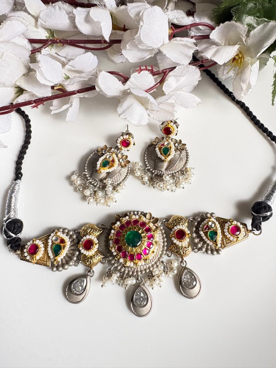 Royal Oxidised Kundan Pearl Choker Set