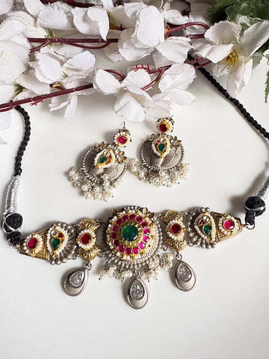 Royal Oxidised Kundan Pearl Choker Set