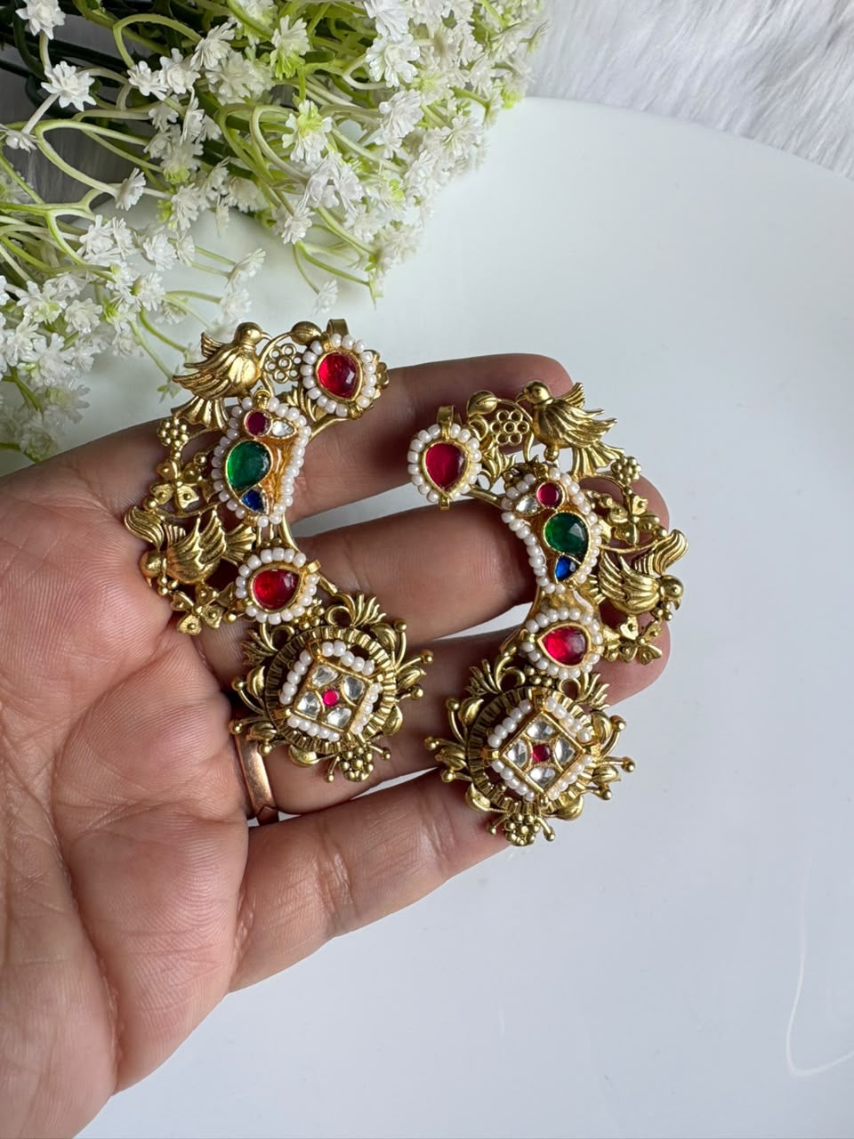 👑 Royal Peacock Pachi Kundan Earcuffs