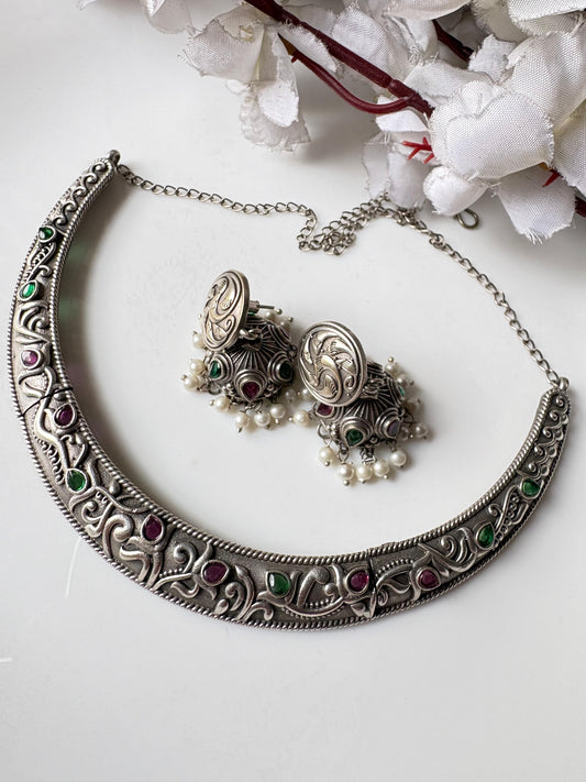 Rajwadi Silver Look Necklace Set