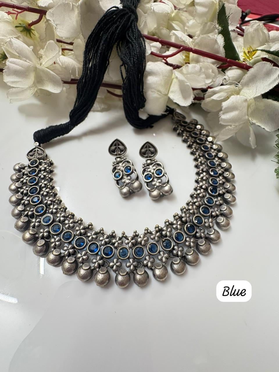 Antique Floral Oxidised Choker with Earrings