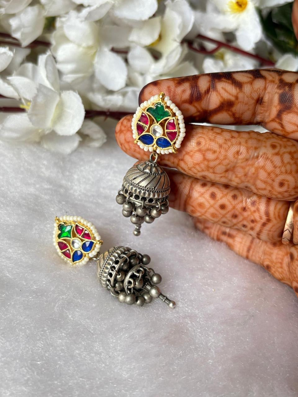 Floral Stud Jhumkas with Pearl Accents🦋🦋