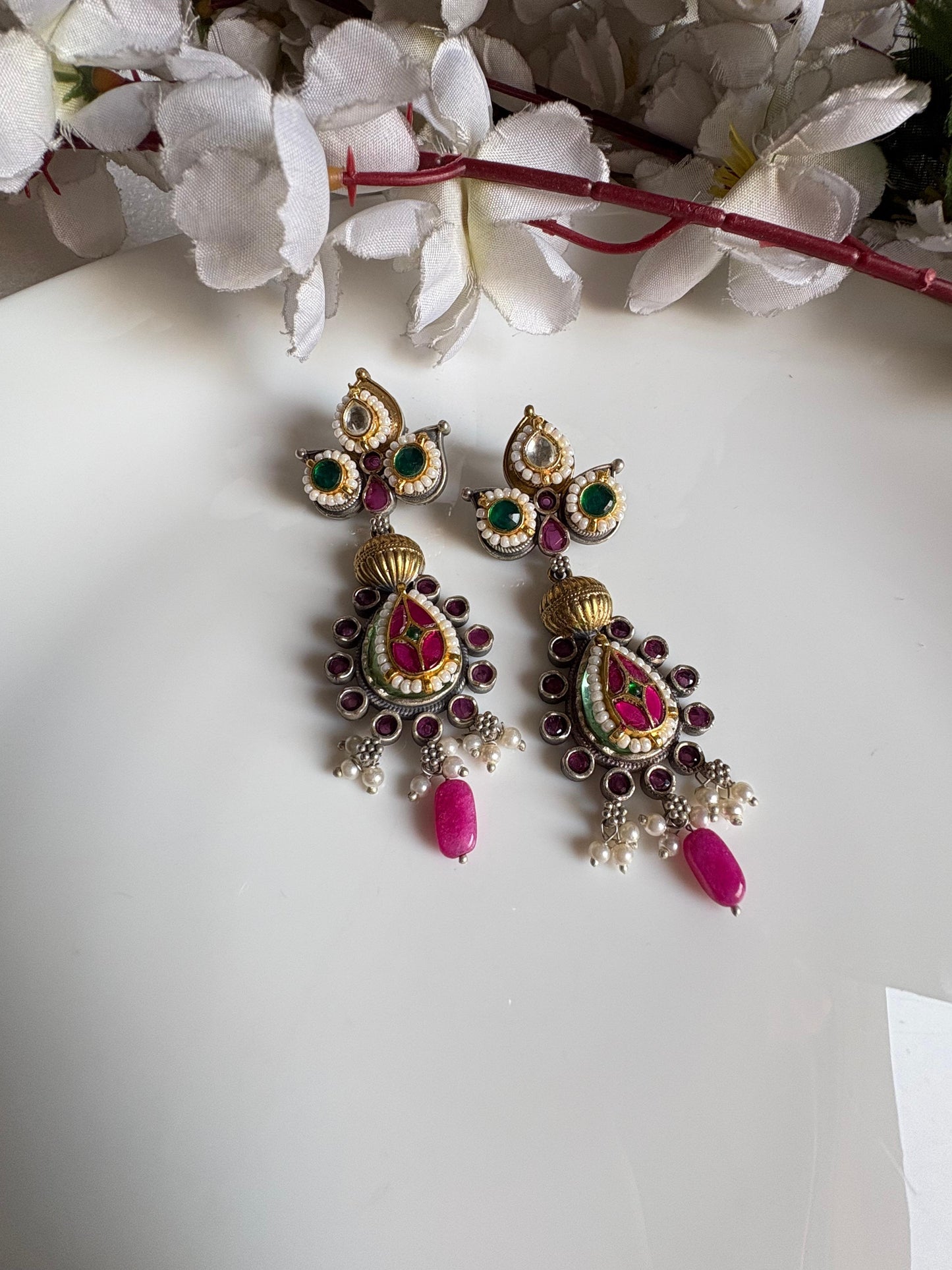 Vintage Silver-Tone Kundan Pearl Earrings