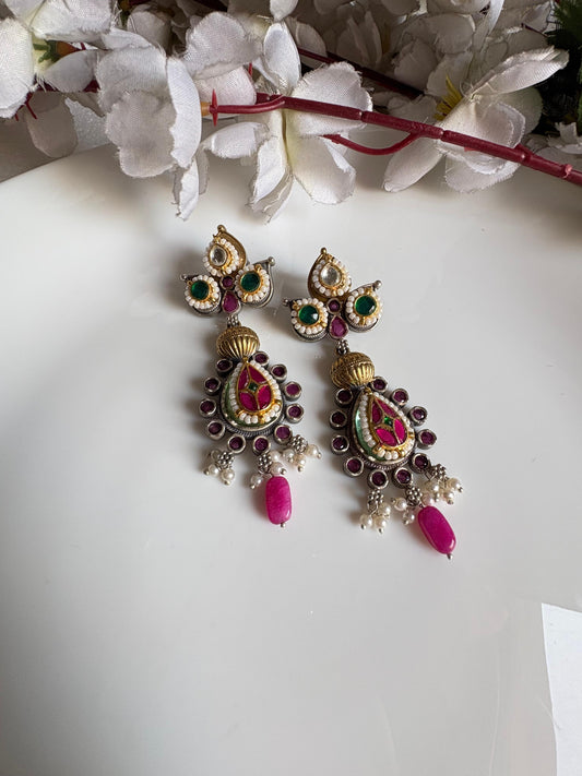 Vintage Silver-Tone Kundan Pearl Earrings
