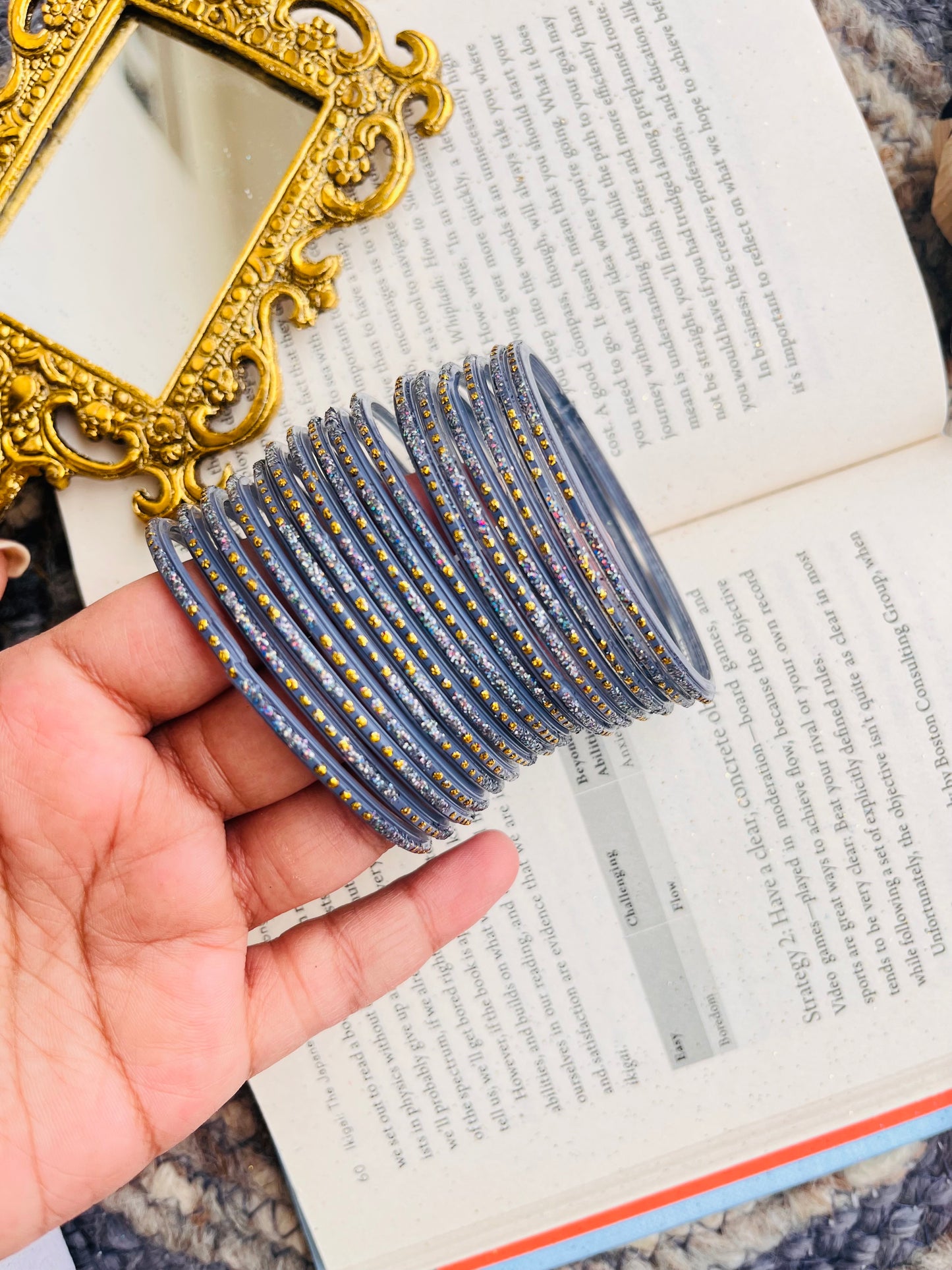 Set of 24 Stylish Grey Glass Bangles with Golden Detailing