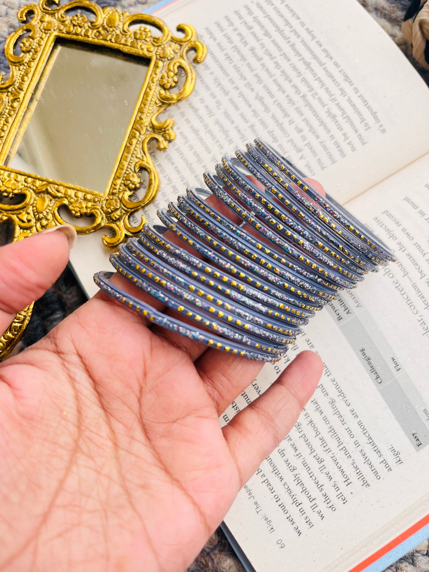 Set of 24 Stylish Grey Glass Bangles with Golden Detailing
