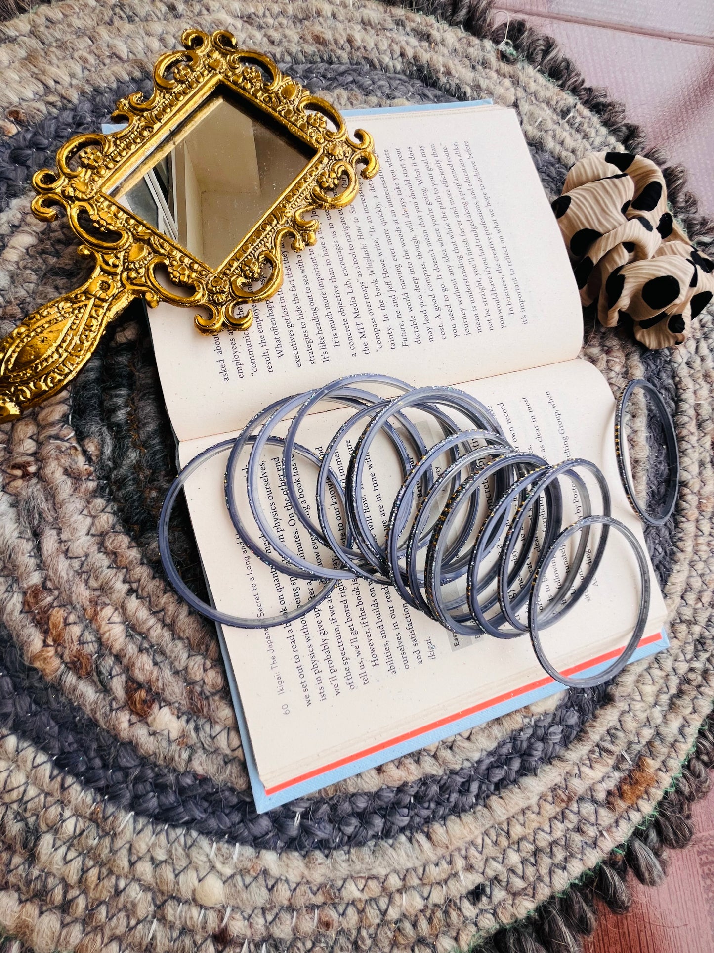 Set of 24 Stylish Grey Glass Bangles with Golden Detailing