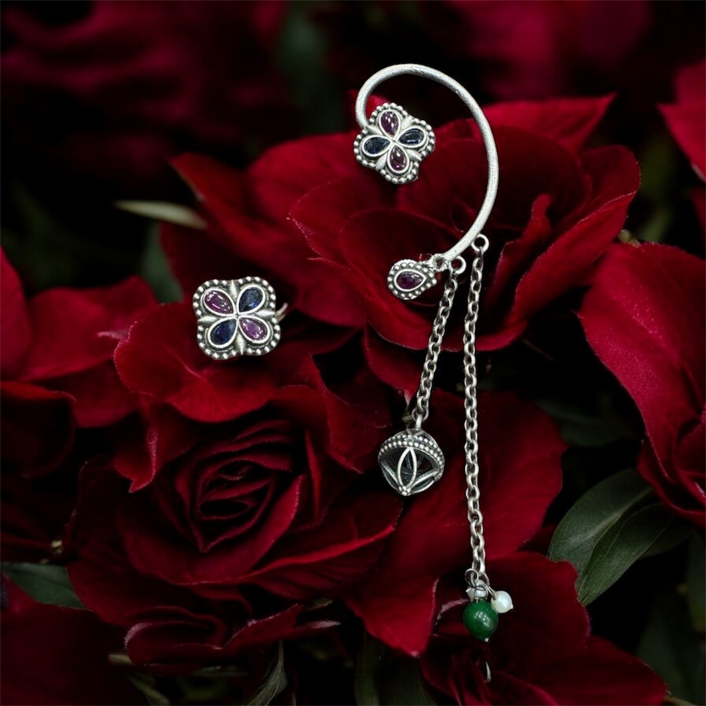 Oxidised Floral Ear Cuff with Dangler Chains