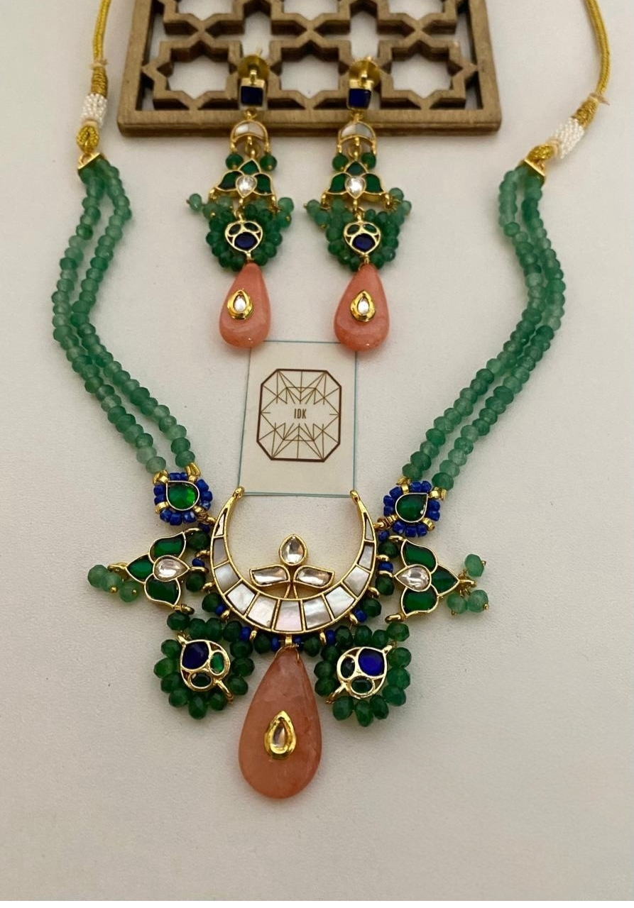 Emerald Green Beaded Kundan Necklace Set