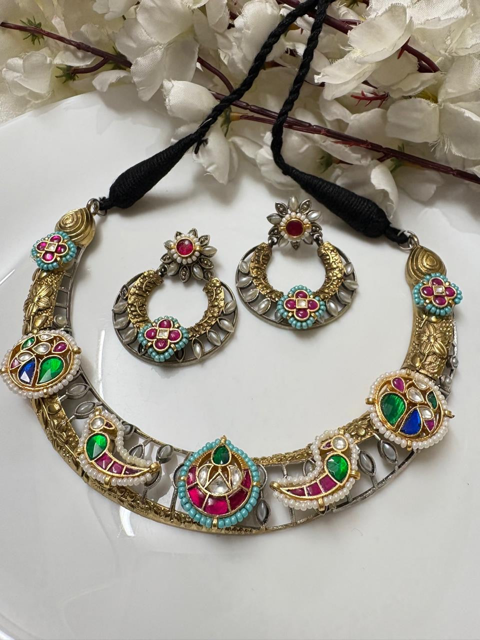 Antique Silver & Gold Plated Choker with Earrings