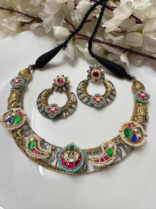 Antique Silver & Gold Plated Choker with Earrings