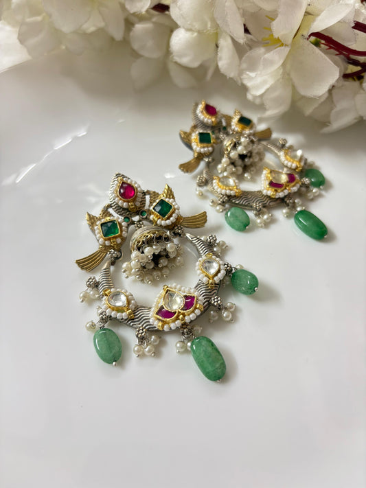 Pachi Kundan Fusion Earrings with Green Drops