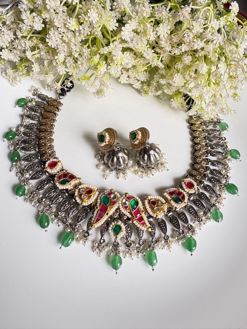 Antique Silver & Gold Plated Choker with Earrings