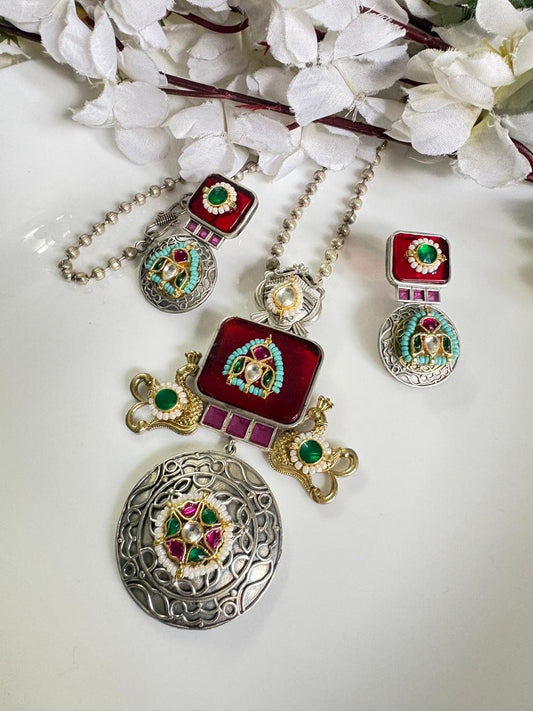 Ruby Stone Oxidised Temple Necklace Set