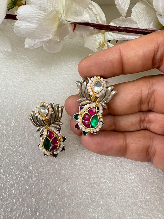 Peacock Inspired Oxidised Pachi Kundan Earrings