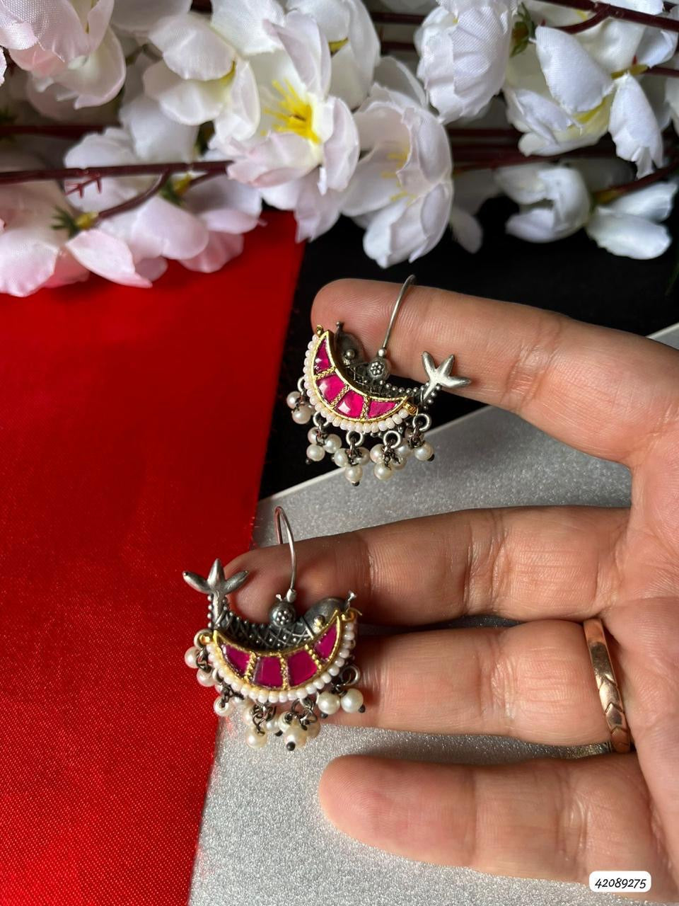 Festive Pink & Silver Half-Moon Danglers