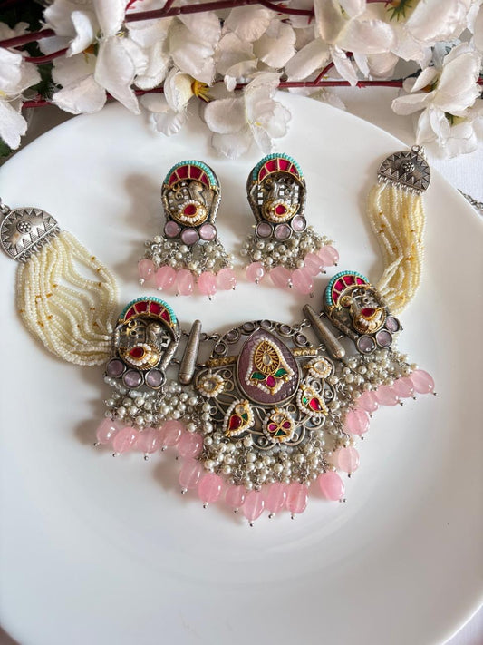 Oxidised Temple Necklace Set with Pearls & Jhumkas