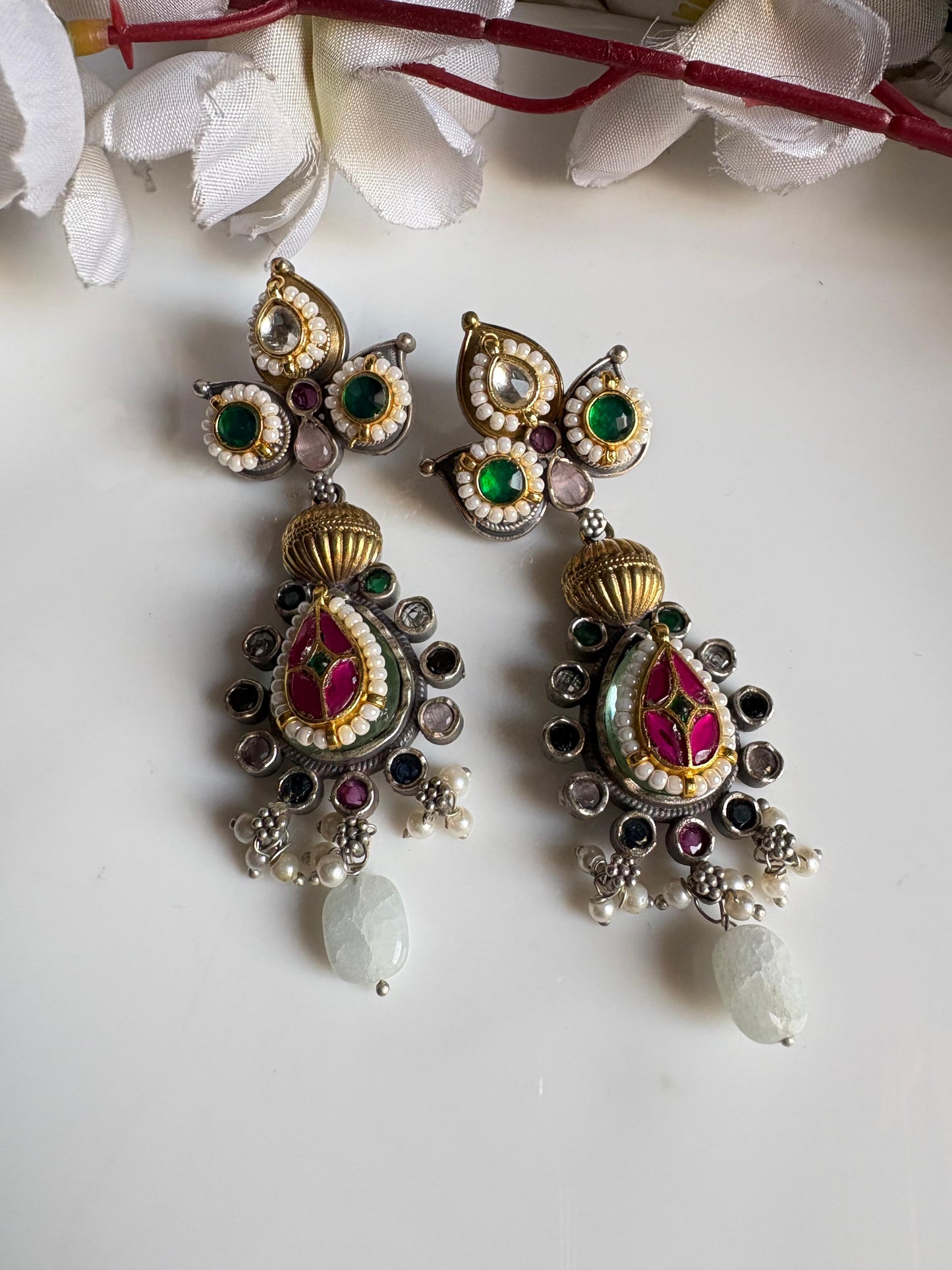 Vintage Silver-Tone Kundan Pearl Earrings
