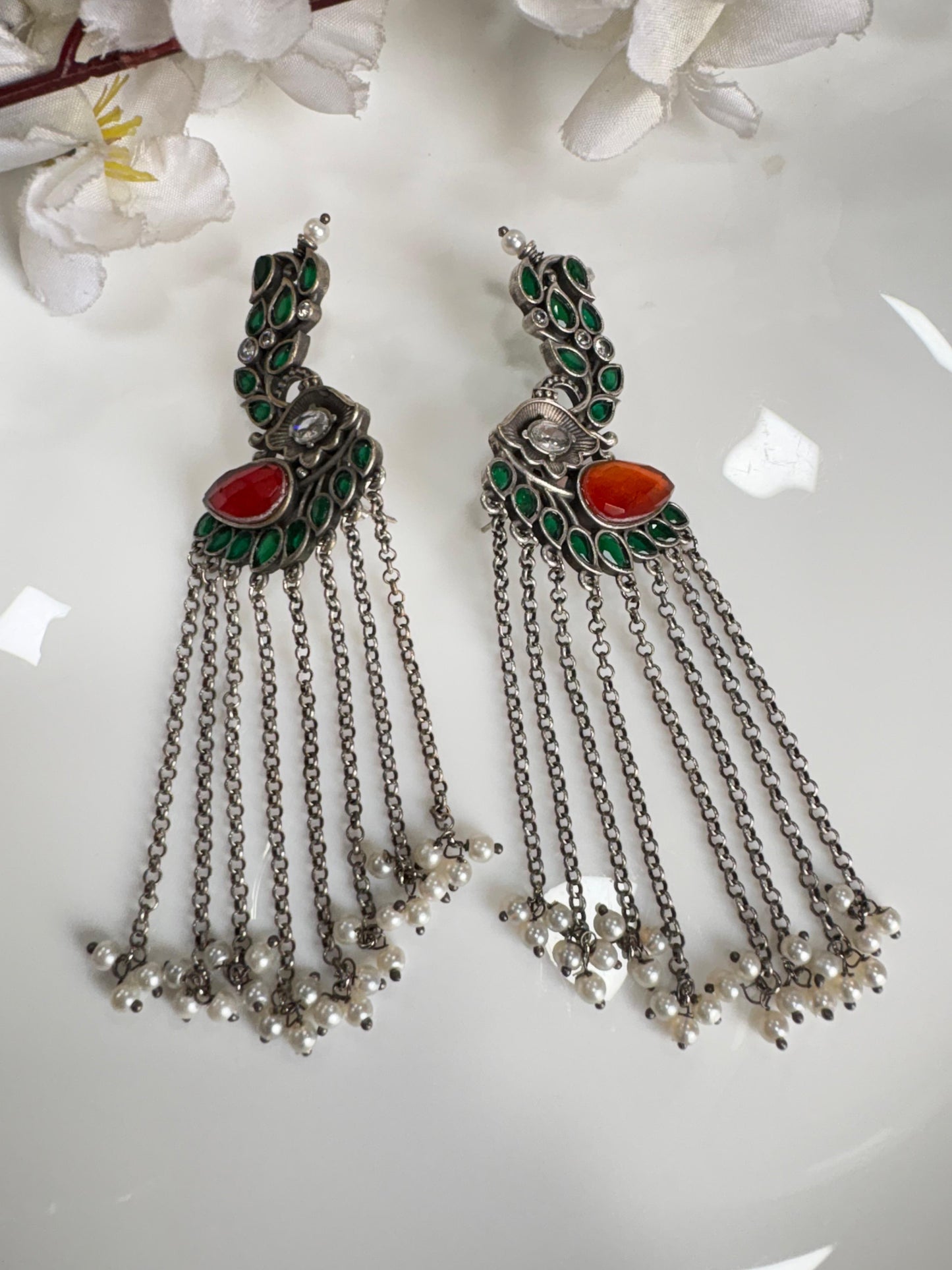 Oxidised Peacock Long Chain Dangler Earrings