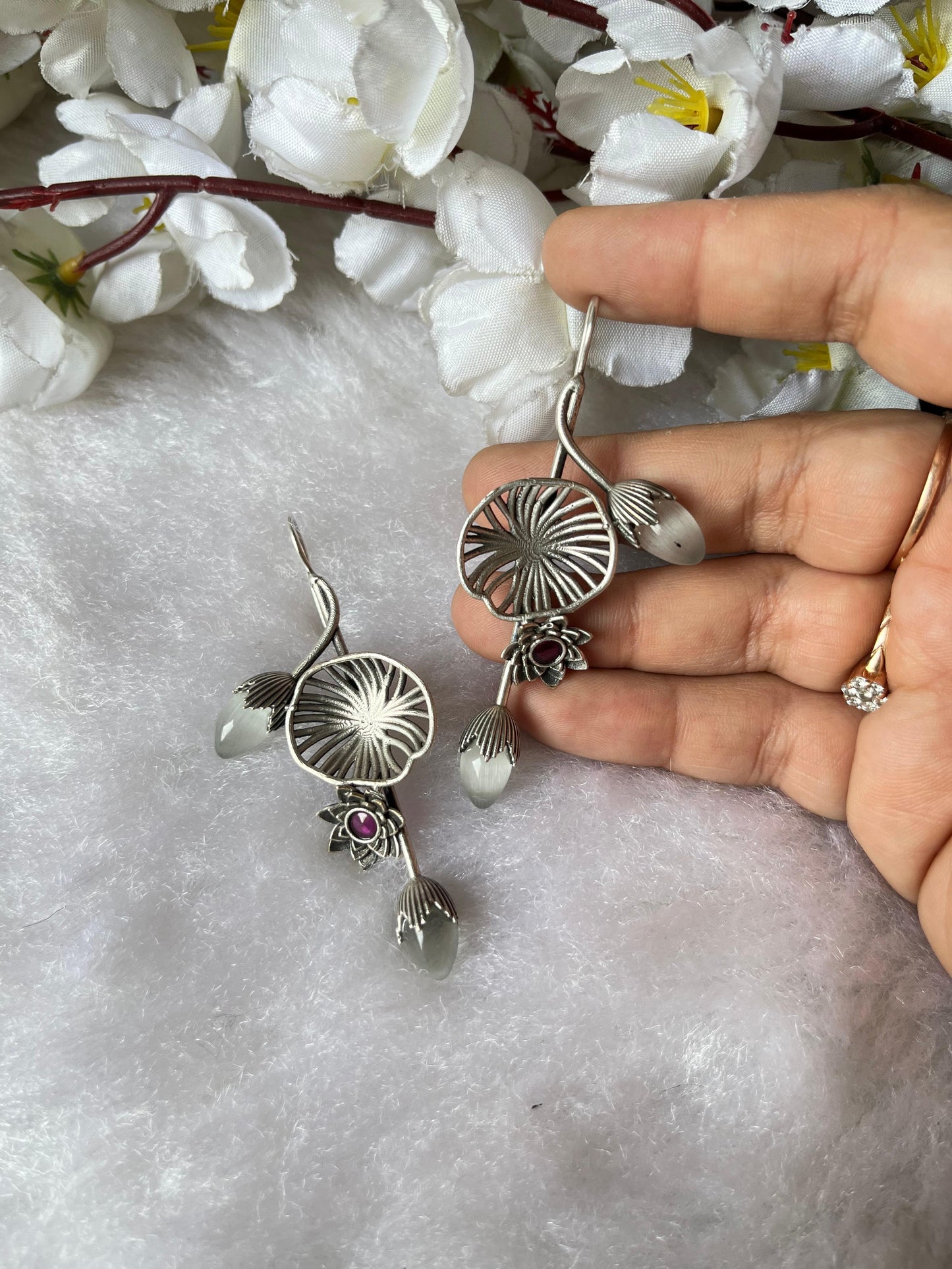 Oxidised Silver Lotus Drop Earrings