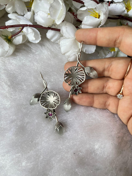 Oxidised Silver Lotus Drop Earrings