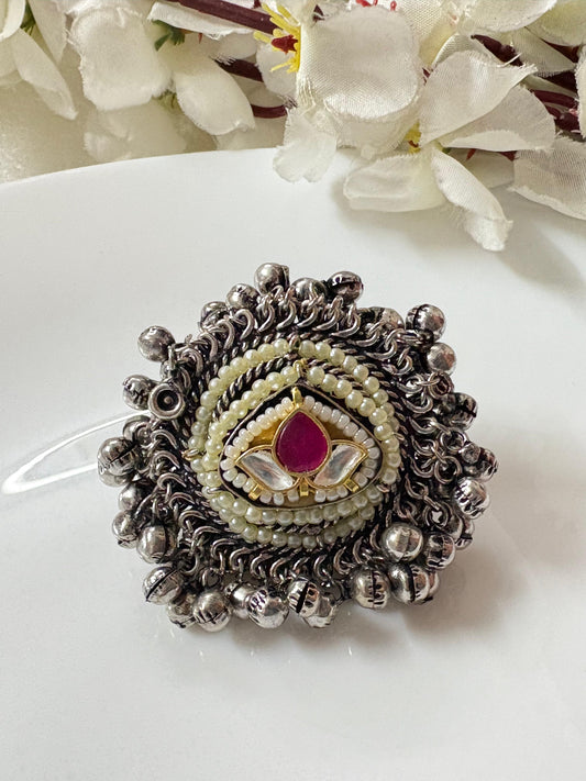 Royal Lotus Pearl & Ghungroo Statement Ring