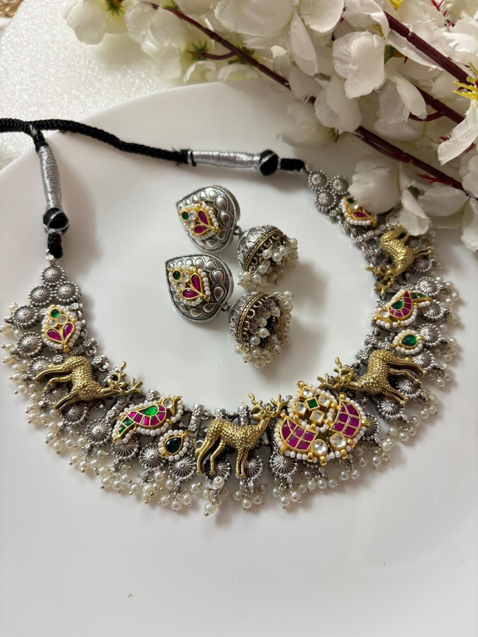 Boho Style Oxidised Choker with Earrings