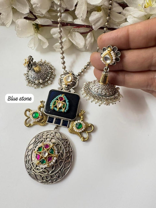 Blue Stone Oxidised Temple Necklace Set