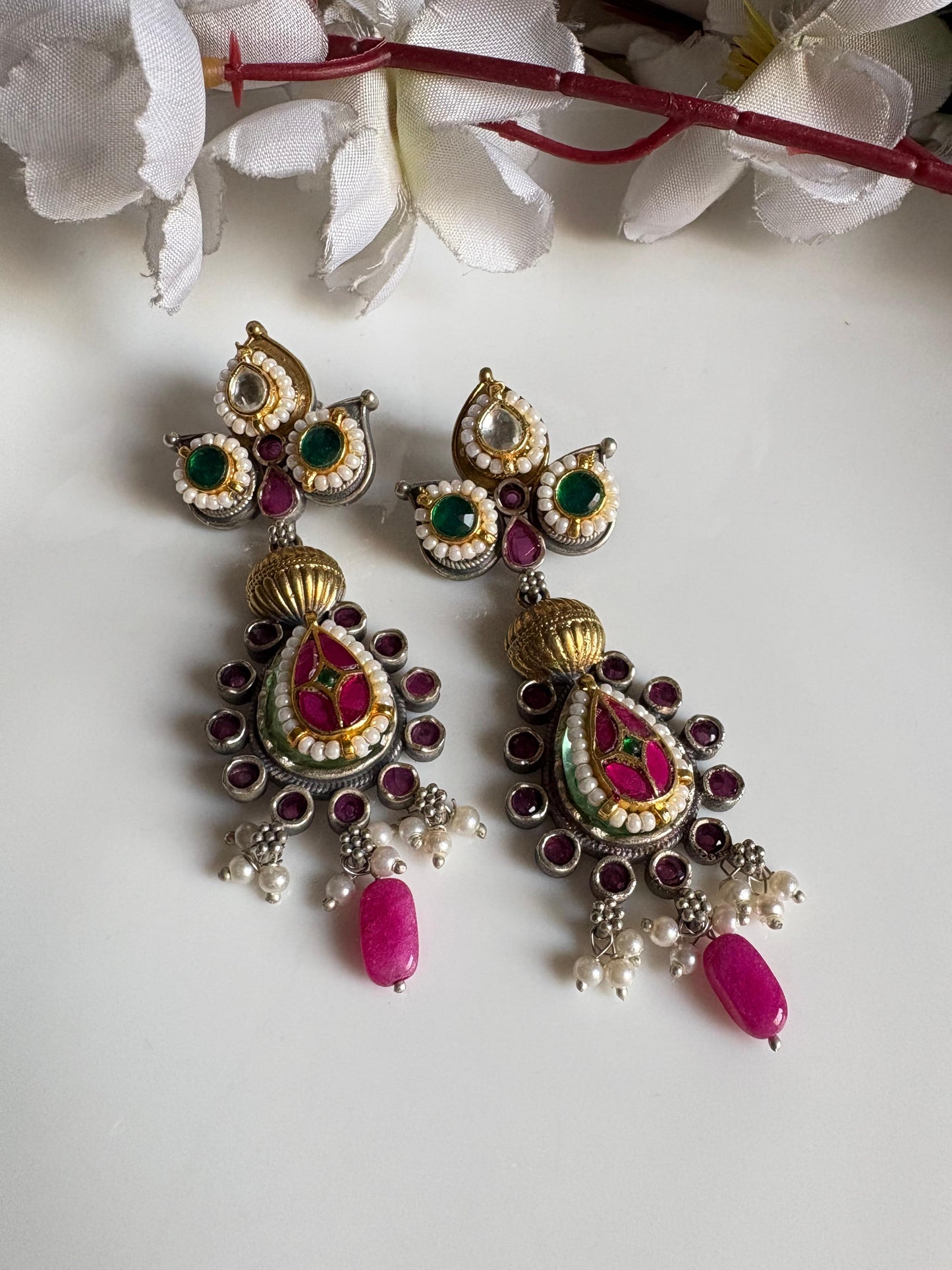 Vintage Silver-Tone Kundan Pearl Earrings