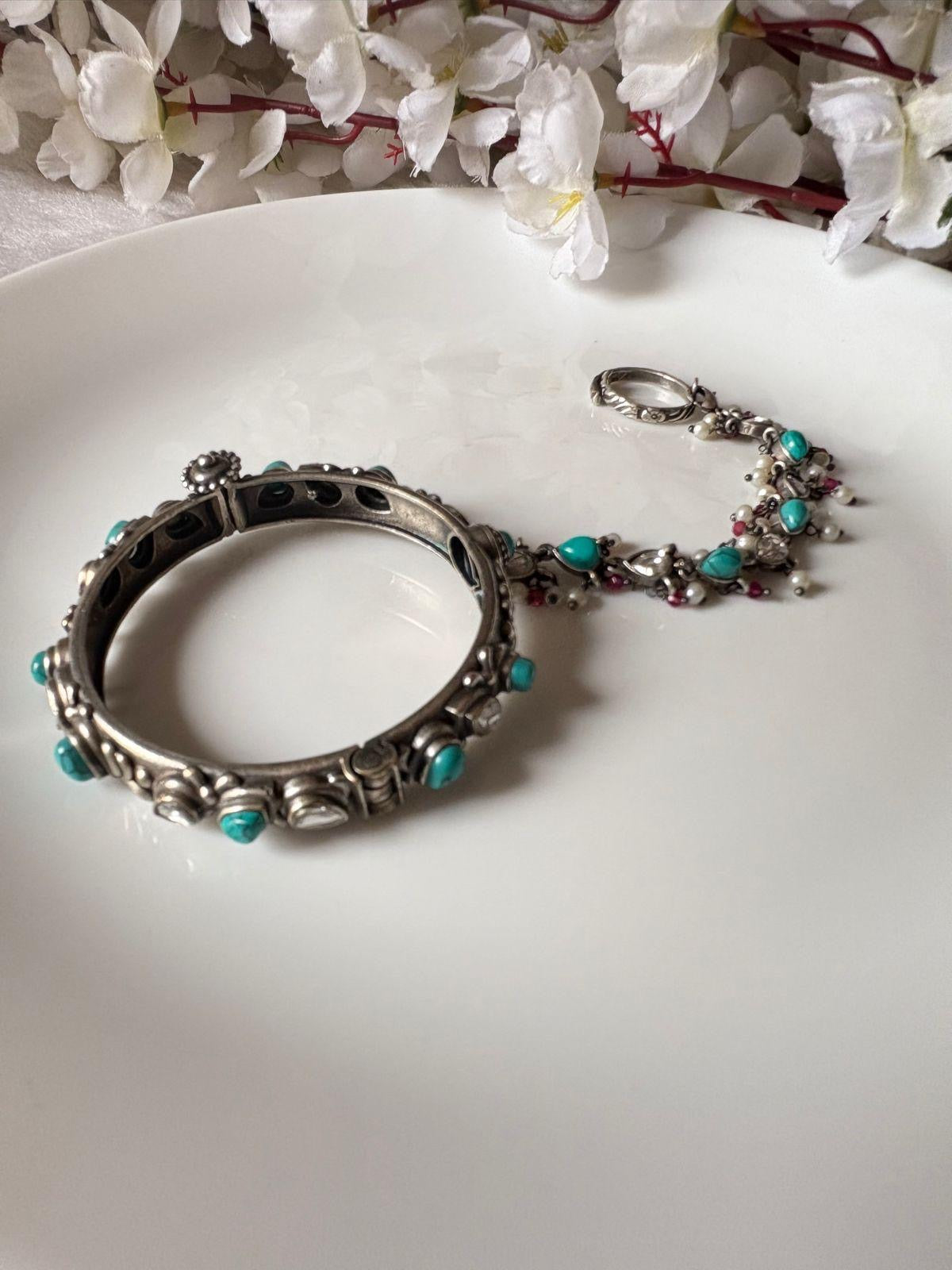 Antique Silver Haathphool with Turquoise & Pearls