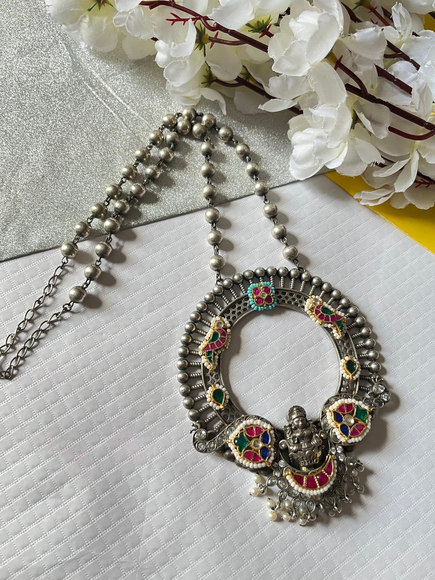 Vintage Silver Tone Temple Necklace