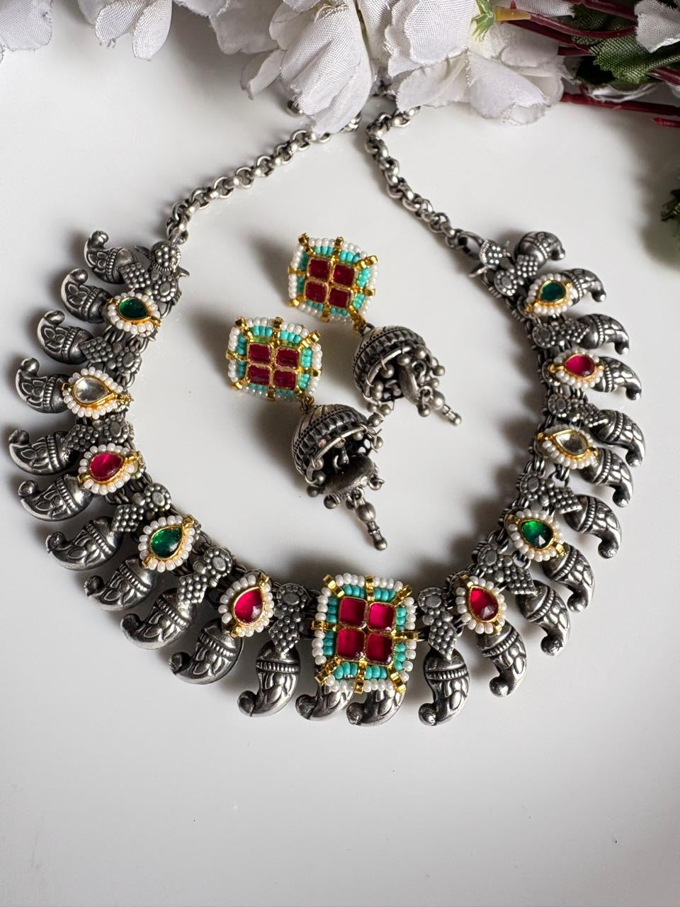 ✨ Oxidised Kundan Fusion Necklace Set ✨