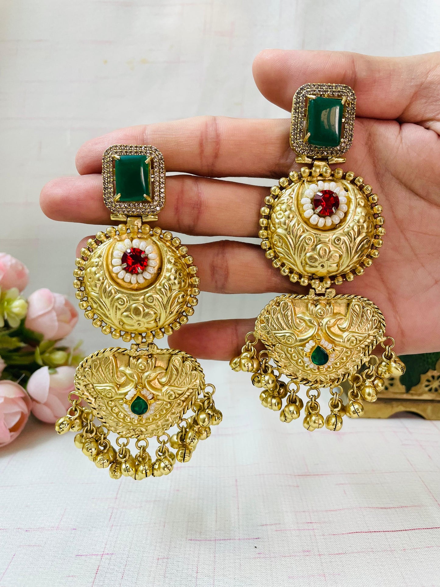 Classic Floral Pachi Kundan Jhumka🎀🤩