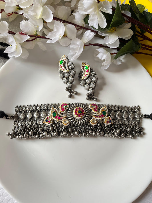 Boho Style Oxidised Choker with Earrings