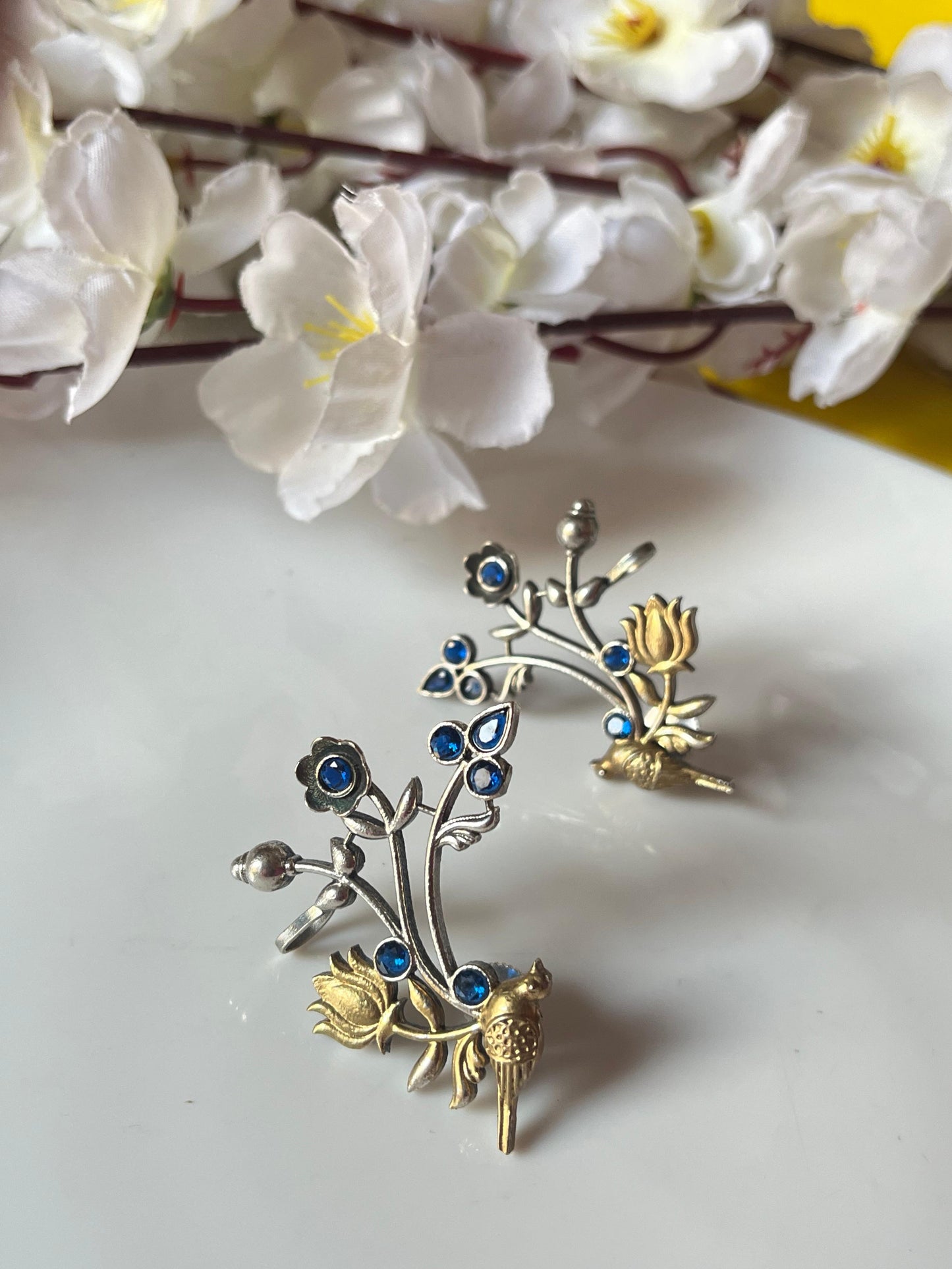 Oxidised Silver Bird & Lotus Earrings