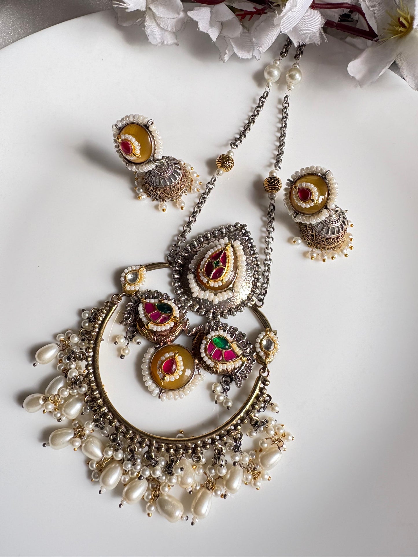 Premium Pearl Drop Pachi Kundan Necklace Set